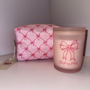 Pink with Hot Pink Bows Cosmetic Bag and Baby Pink Blushing Petals Candle, Set
